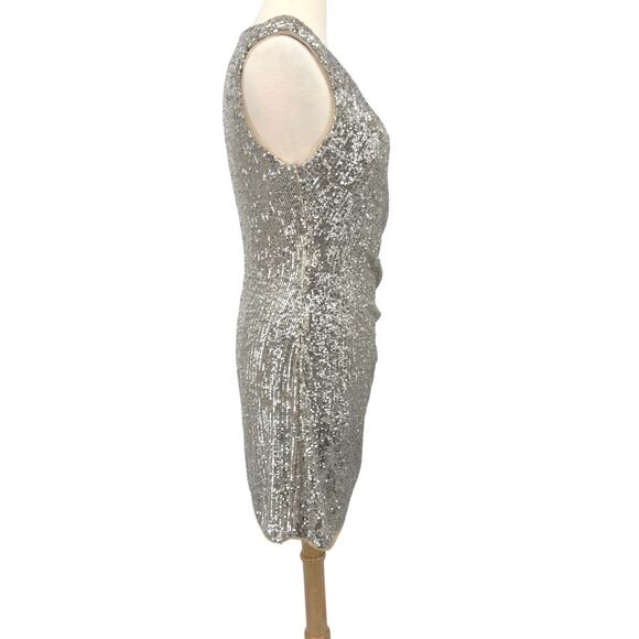 Aidan Mattox Faux Wrap Silver Sequin Ruched Cocktail Dress 12 Holiday Party NYE - Picture 6 of 12